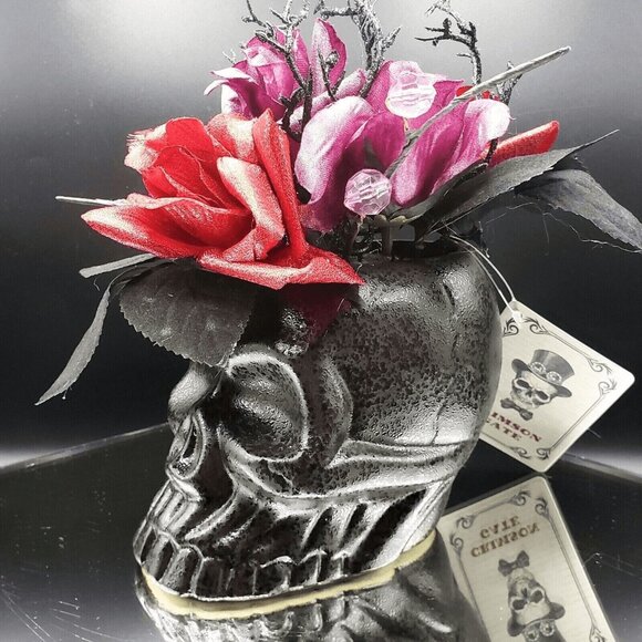 Darksome Gothic Skull Arrangement Floral Red Pink Rose Flower Gems Arrangement - Picture 2 of 8